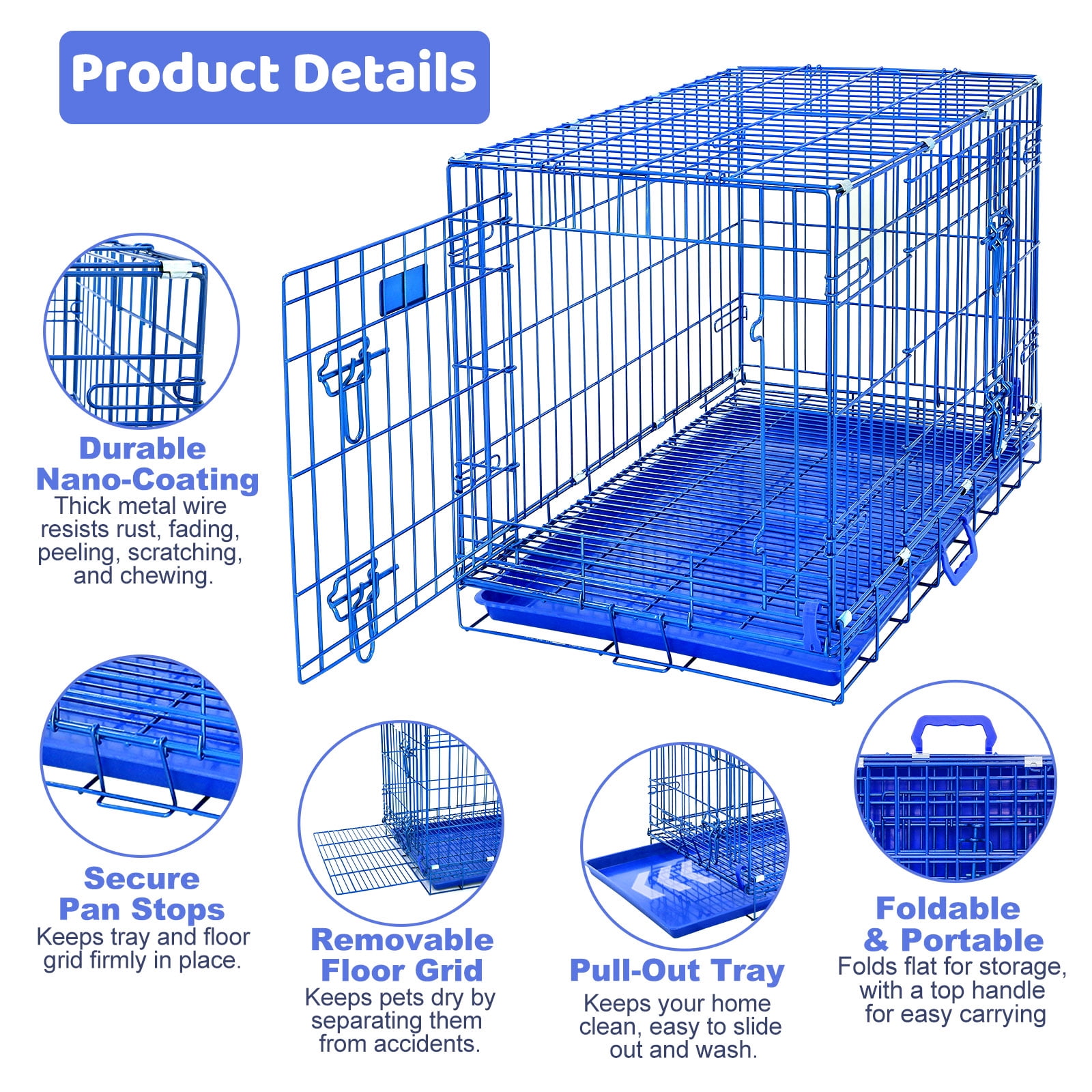 Homey Pet 30 Inch Medium Dog Crate, Royal Blue Dog Cage Small, Foldable Inside Dog Kennel Nano-Coated Metal Wire Dog Crates with Removable Floor Grid Tray, Double Doors Dual Locks, Portable Handle