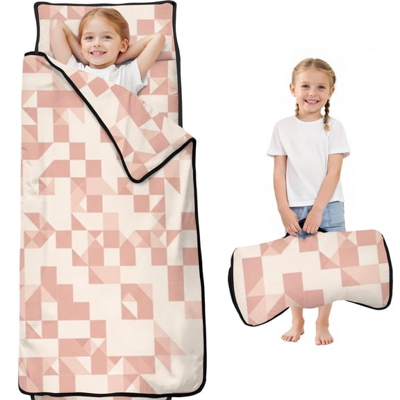 Geometric Triangle Pink Pattern Teens Toddler Nap Mat with Pillow, Sleeping Mat Bag for Preschool Daycare 59"x22"