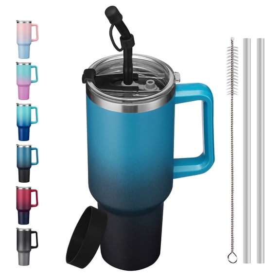 SUNSOC 40oz Stainless Steel Tumbler – Double-Wall Insulated Travel Mug with Straw and Handle, iced coffee cup, Leakproof