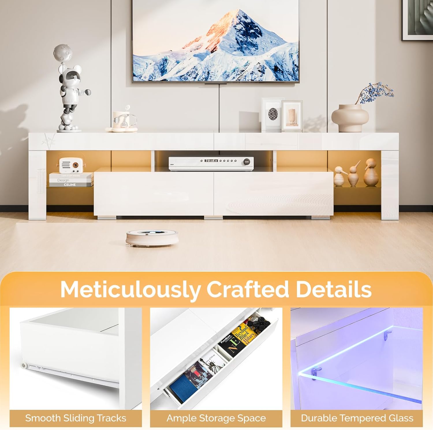 VINGLI LED TV Stand, 63'' High Glossy Modern Entertainment Center with LED Lights and Storage for 55/60/65/70 Inch TV (White, 63'' x 14'' x 18'')