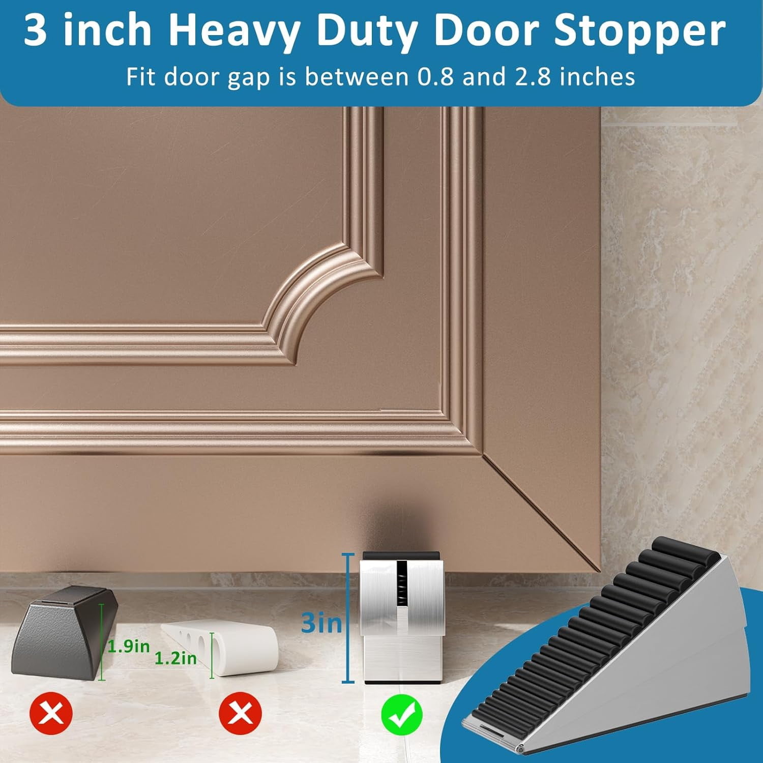 Optish 2 Pack Heavy Duty Door Stopper, Adjustable Spring Large 3 Inches High Tall Wedge Stoppers for Bottom of Door, Stop Suits Any