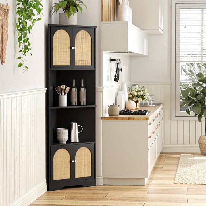 VEANERWOOD Rattan 67" Tall Corner Storage Cabinet, Corner Shelf Stand Storage Rack for Living Room, Home Office, Kitchen, Small Space,Black