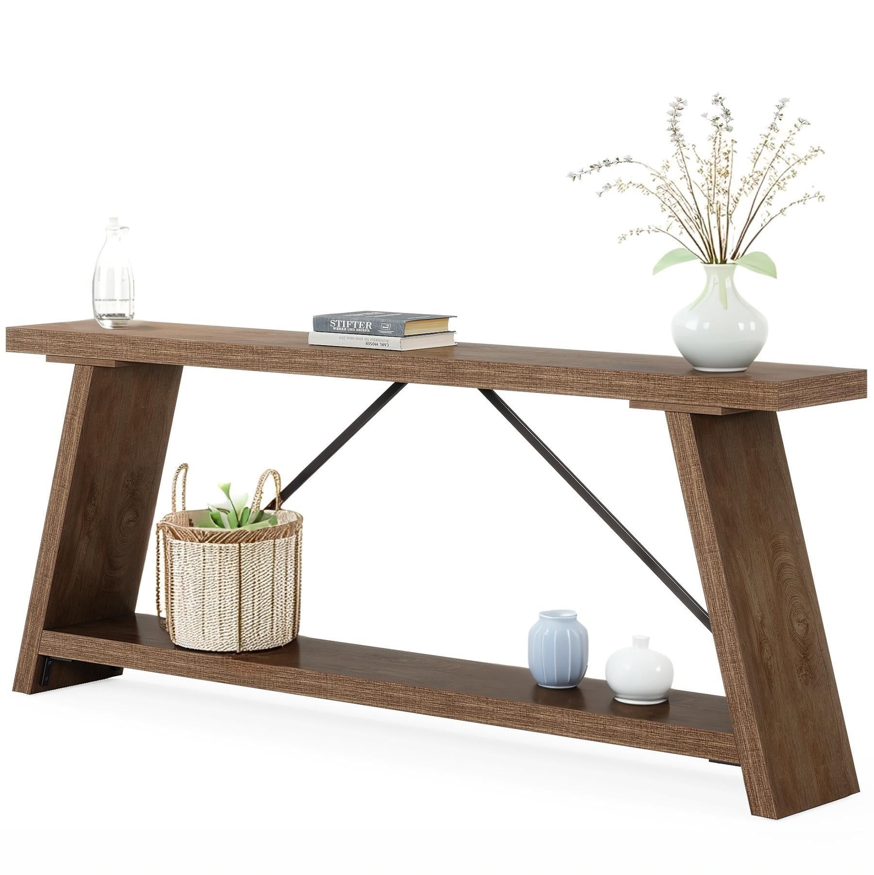 Fnova 70.87" Farmhouse Console Table for Entryway, 2-Tier Storage Long Narrow Wood Entryway Table, Metal Frame, Easy Assembly, Brown