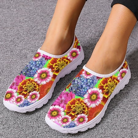 

Pretty Tropical Flower Printing Women Flat Shoes Summer Breathable Slip-on Mesh Sneakers Lightweight Loafers Zapatos