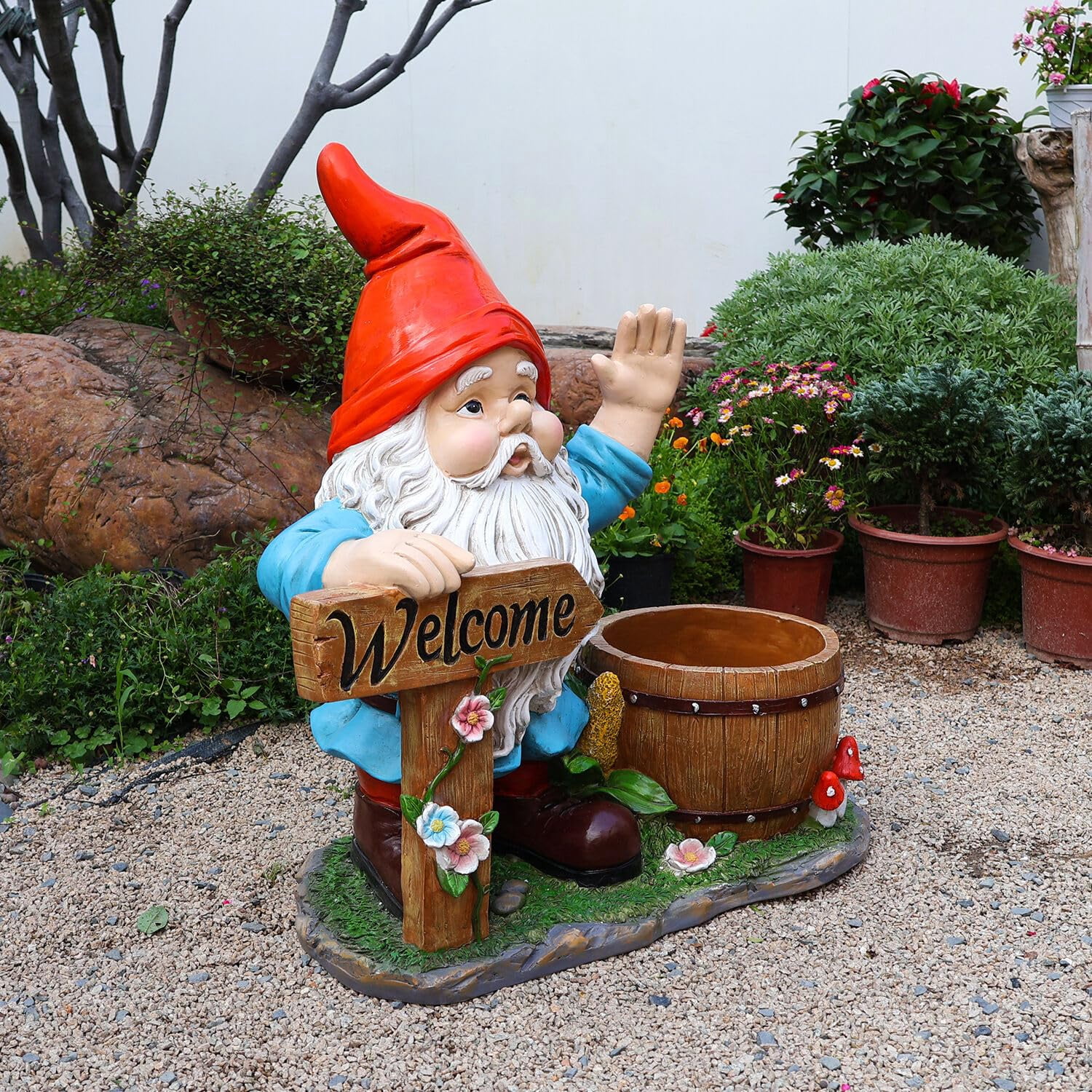 Outdoor Garden Gnome Flower Pot Planter with Welcome Sign, Unique Yard Statue for Patio, Lawn, Garden, Front Porch Decor, Red