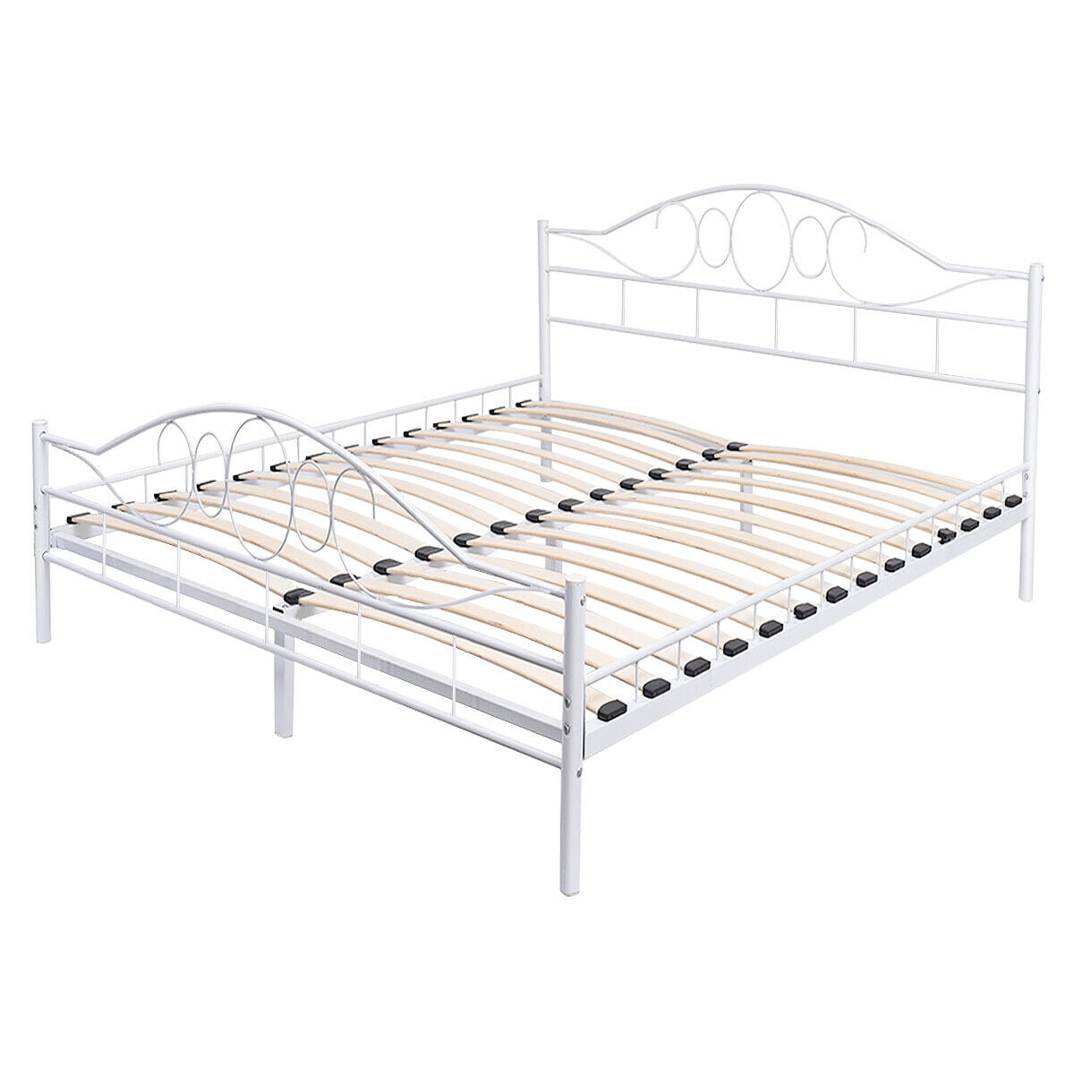 Queen Size Wood Slats Steel Bed Frame, Platform Bed Frame Queen White Wood
