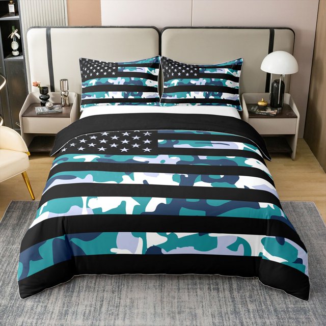 Erosebridal Housse de Couette Drapeau Américain 100 % Coton Taille Complète, Camouflage Rétro 100 % Coton Housse de Couette Complète, Décor Militaire, Réversible 3 Pcs (Sans Couette)