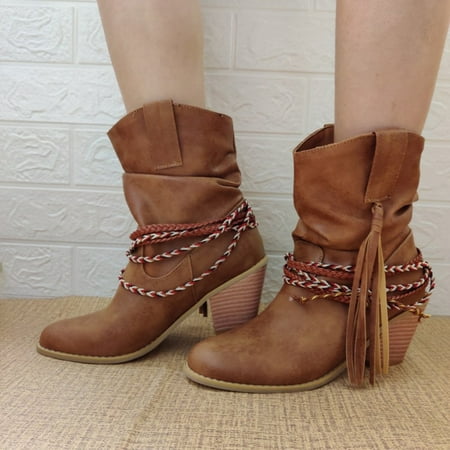 

Wirdiell Boots for Women Ladies Winter Solid Color Vintage Tassel Tied Sleeve Heel Ankle Boots Women Boots Brown 39