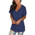 thumbnail image 5 of Women's V Neck T Shirts Casual Rolled Short Sleeve Side Split Summer Tops Loose Fit, 5 of 5