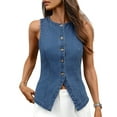 thumbnail image 3 of Denim Vest for Women Sleeveless Strechy Jean Vest Top Button Down Crewneck Casual Summer Western Waistcoat Blue L, 3 of 10