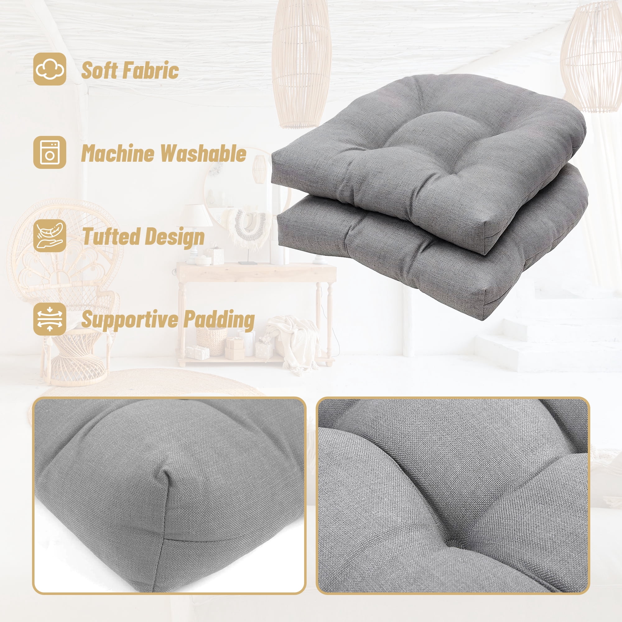 2Pieces Tufted Chair Pad Wicker Seat Cushions Round Back Outdoor/Indoor Gray