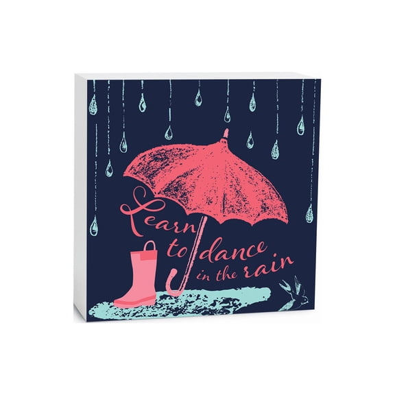 Dance In Rain Blue Violet Umbrella Boot 5 x 5 Wood Tabletop Sign Plaque