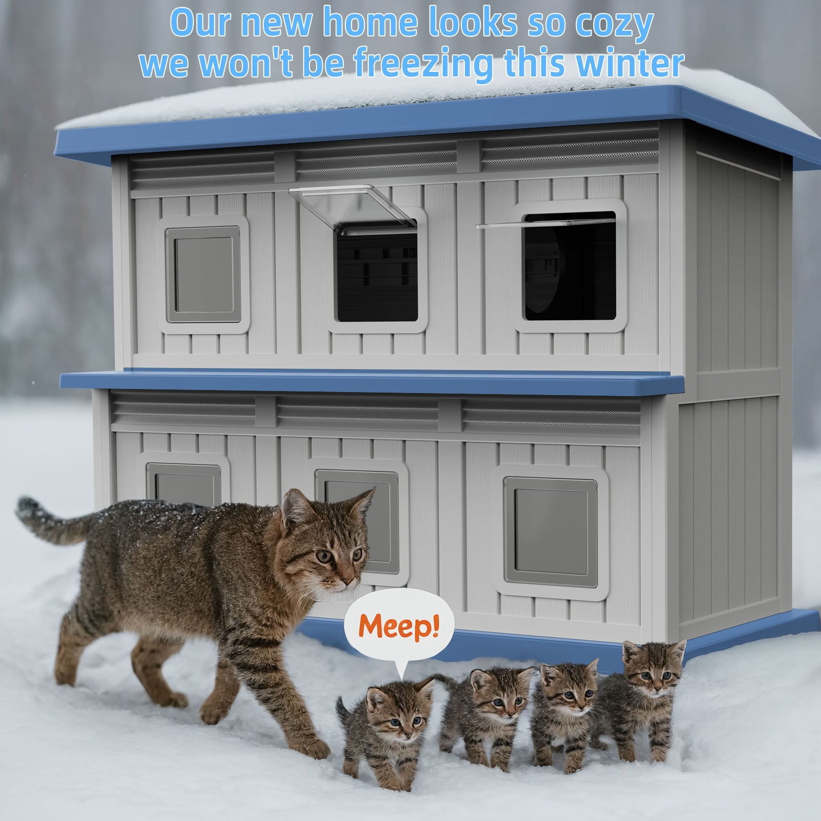 MAYEERTY Double-Decker Cat House, 6 Independent Compartments Pet Retreat with FloodGuard Roof & Tool-Free Back Panel