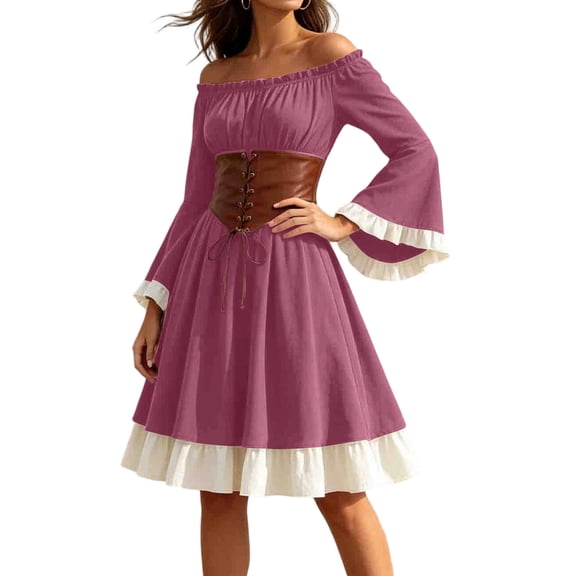 Hurxie Womens Traditional Irish Dress Renaissance Medieval Costume Flare Sleeve Corset Halloween Victorian Short Dress