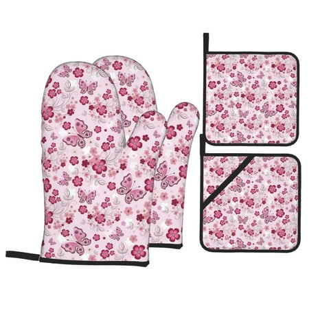 

Oven Mitts and Pot Holders Sets 4 pcs - Flower butterfly pink Heat Resistant Silicone Oven Gloves with Non-Slip Silicone Surface and hot pads for kitchen Baking Cooking BBQ