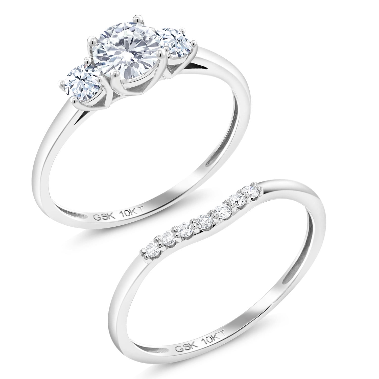 Gem Stone King 10K White Gold White Moissanite Created Sapphire and Lab Grown Diamond 3-Stone Bridal Engagement Wedding Ring Set for Women | 0.83 Cttw | Available in Size 5, 6, 7, 8, 9 | Size 6