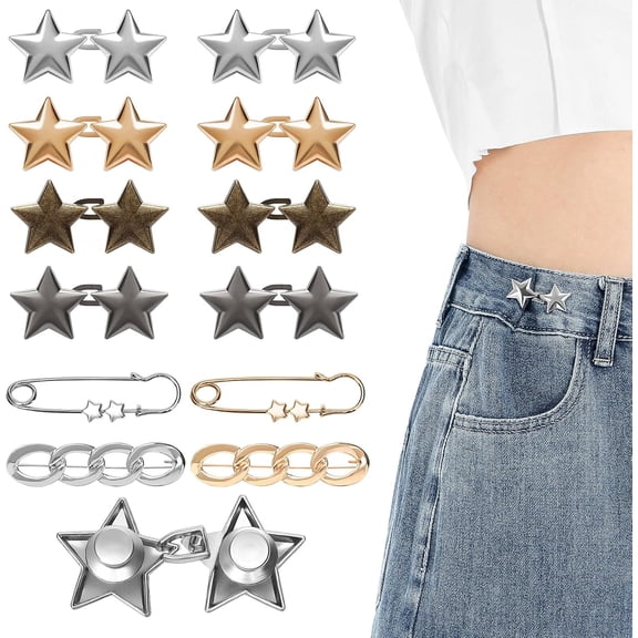 Pant Waist Tightener - 12 Pcs No Sew Metal Clips for Jeans, Adjustable Reusable Star Button Pins for Men & Women’s Pants, Instant Fit Solution for Loose Waistband