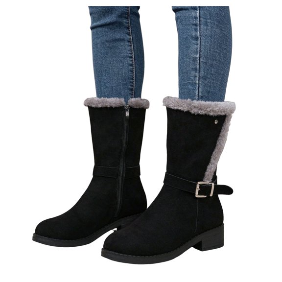 JHOKCI Womens Plush Lined Winter Boots Low Heel Wide Calf Side Zipper Cozy Warm Mid Calf Snow Boots