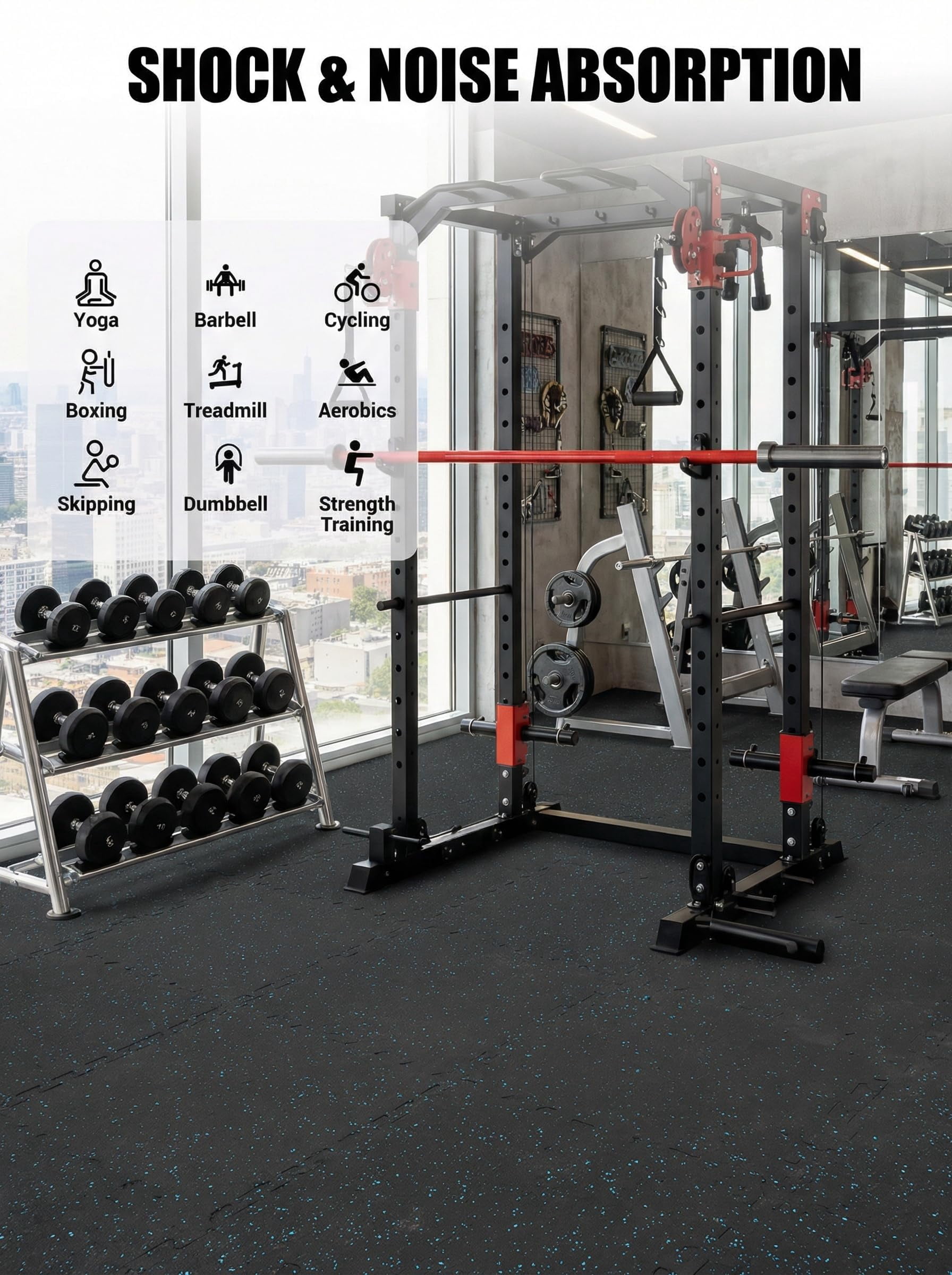 PYY Interlocking Gym Flooring Tiles Rubber Top with EVA Foam Approx 0.6in Thick Puzzle Exercise Mats for Home Gym Workout Heavy Equipment Base Black with Blue Flecks