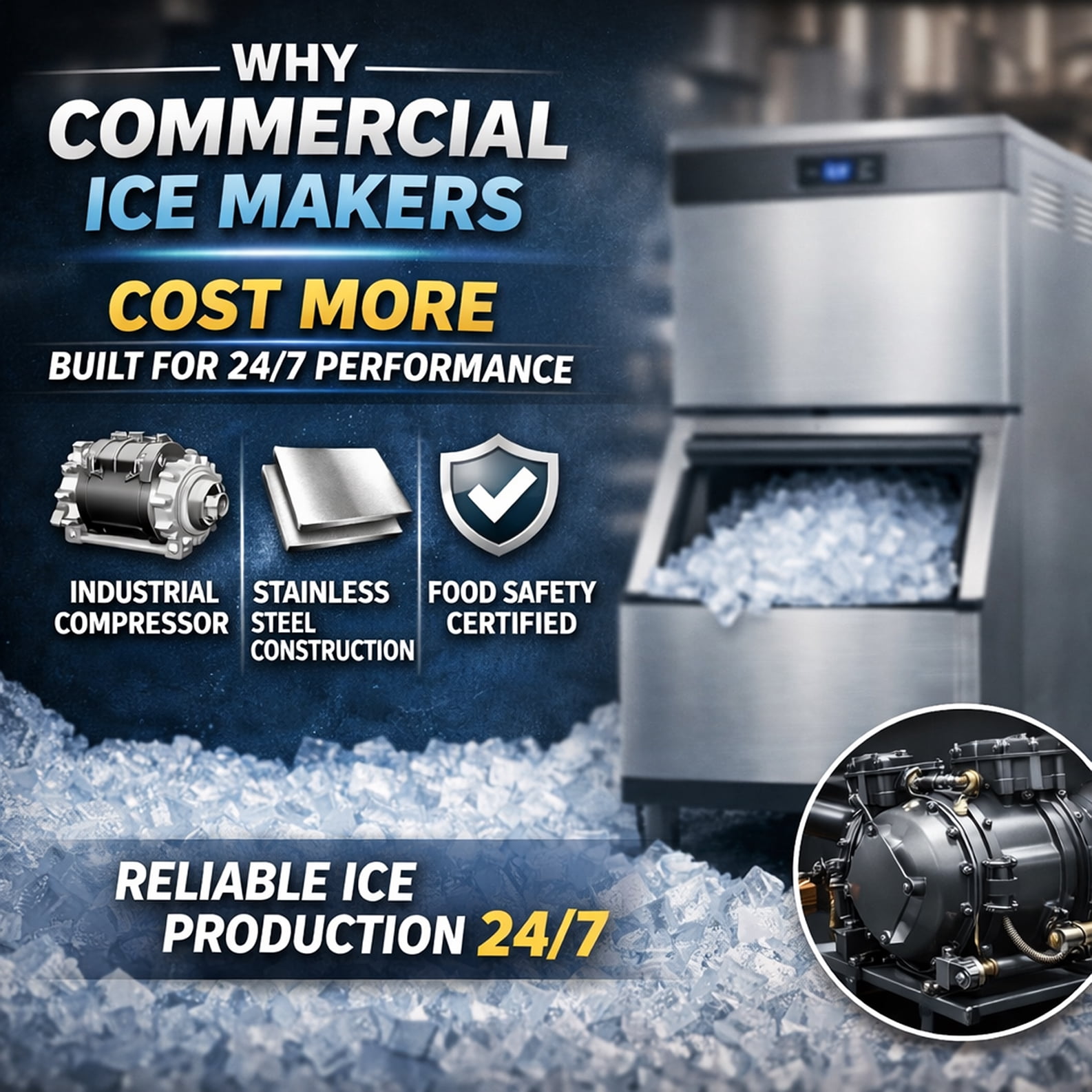 NSF 460lbs Commercial Ice Maker, Large Storage Ice Machine in Stainless Steel, Free Standing Ice Machine
