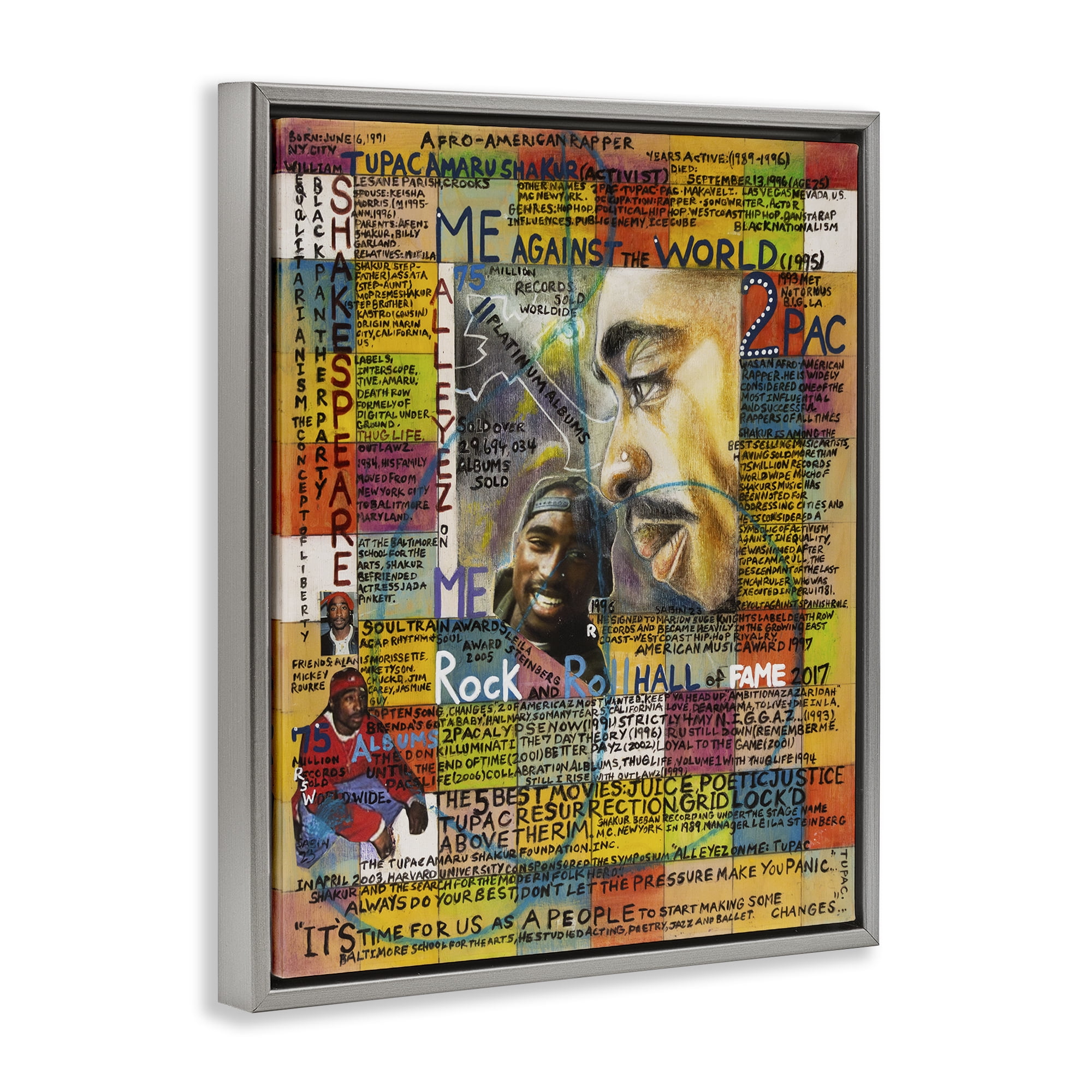 Stupell Industries Tupac Musician Collage People Drawing Gray Floater Framed Canvas Art Print Wall Art, 25 x 31