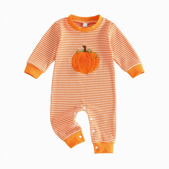 Gerichy Baby Halloween Outfit Newborn Boy Girl Waffle Embroidery Pumpkin Jumpsuit Long Sleeve Romper 0 3 6 9 12 18 Months Fall Winter Clothes