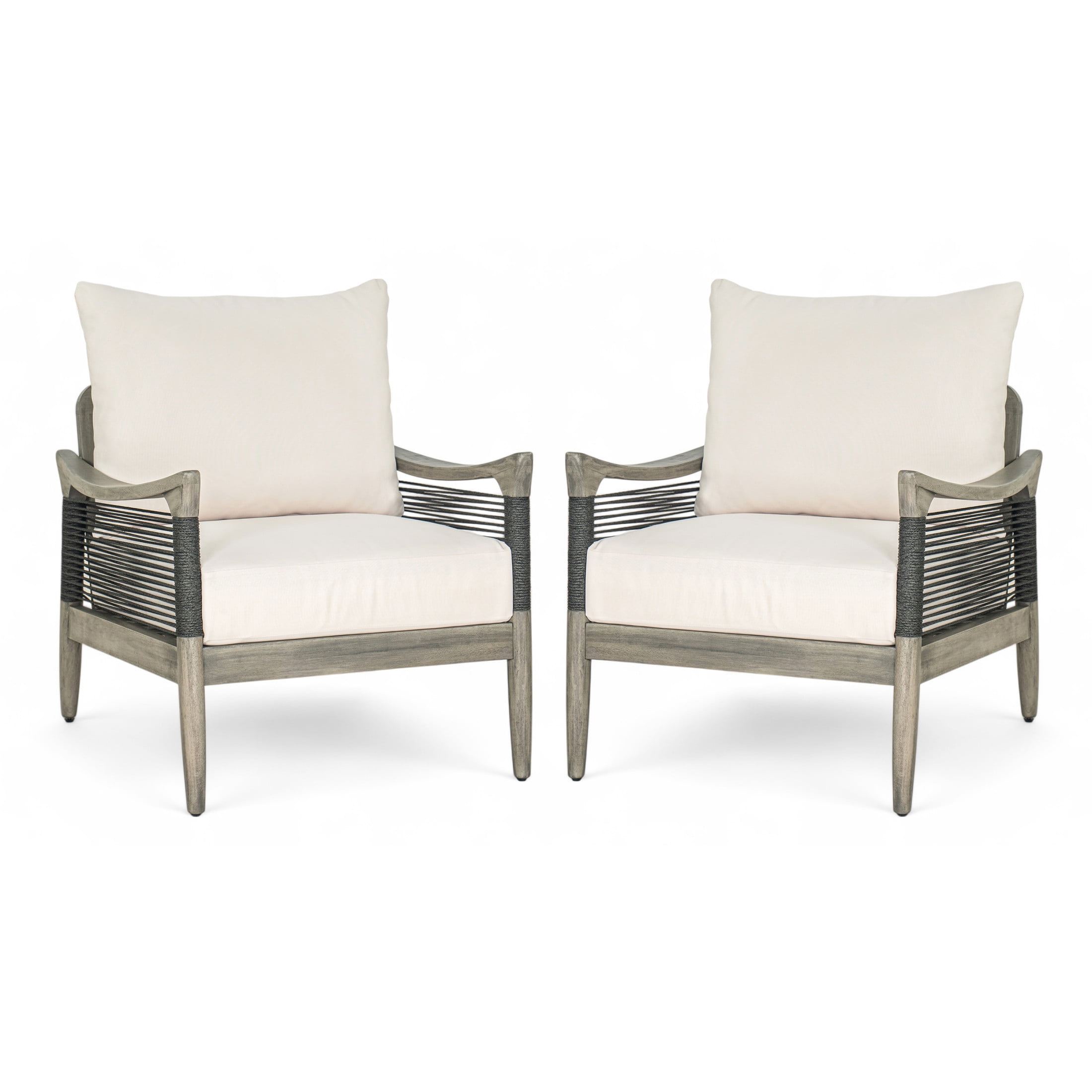 Christopher Knight Home Boho Outdoor Rope Lounge Chair with Thick Cushion, Solid Wood, Grey+Beige, Set of 2
