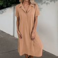thumbnail image 2 of OSOLU Dresses Women Comfortable New Casual Solid Color Button Mid-Length Short Sleeve Loose Shirt Casual Dress Breathable Hawaiian Flowy Sundress, 2 of 4