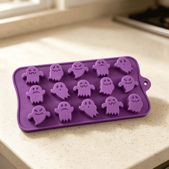 Ghost Candy Silicone Molds for Halloween Small Chocolate, Wax Melts, Cake Decoration 15 Cavity Food Grade Bpa Free for Kids, Oven Safe DIY Homemade Mould Treat or Trick（Purple#2）