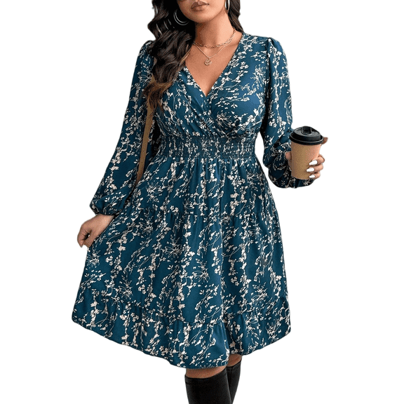 Mengpipi Women's Swing Dress Fall Spring Long Sleeve V Neck Cinched Waist Floral Print Casual Maxi Dress 1X-4X