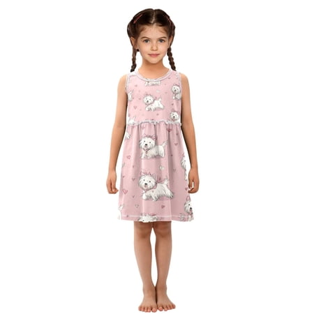 Girls Summer Sleeveless Dress Soft Cotton A-Line Dress Dogs Wearing Bows 3T