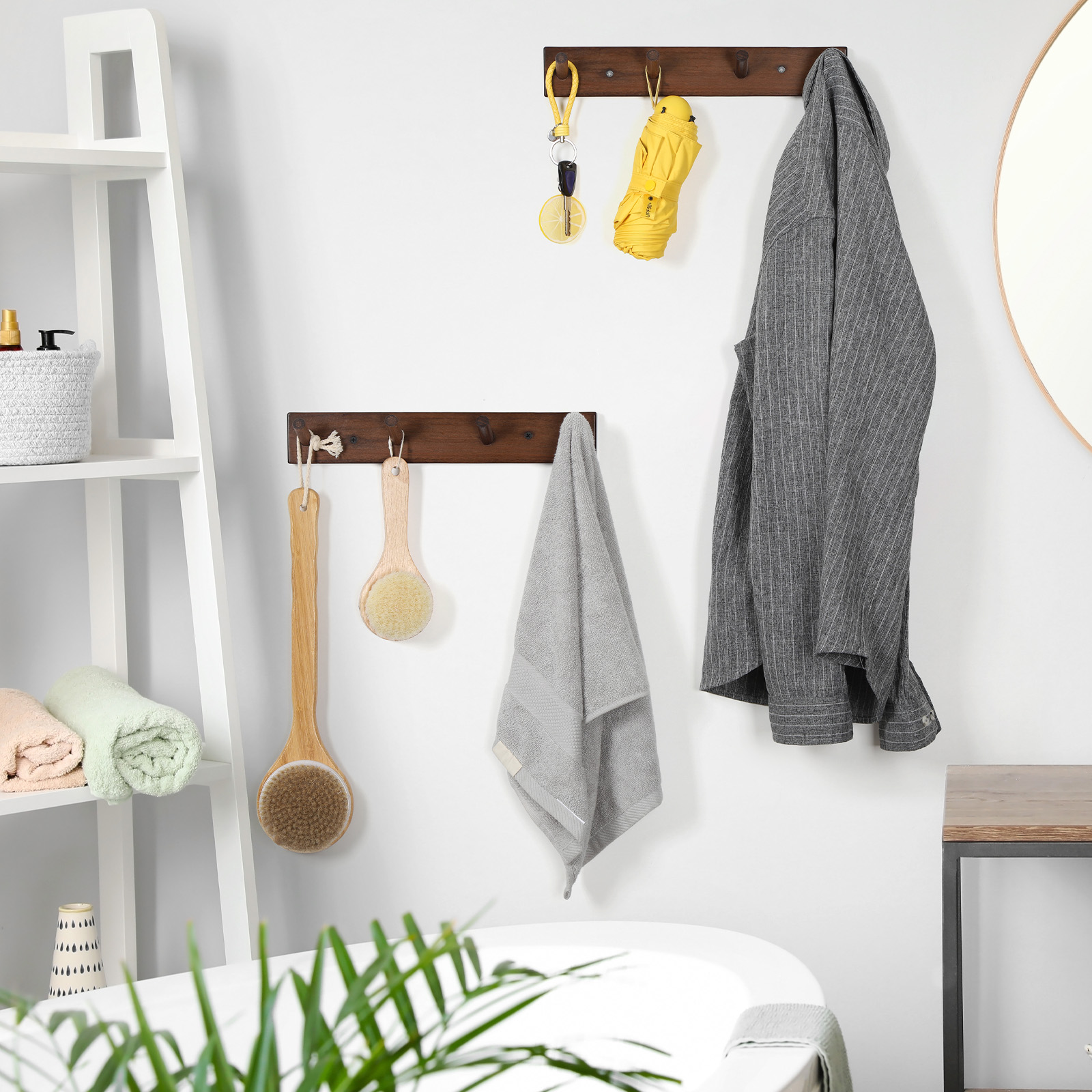 Wall Mounted Wood Coat and Hat Rack, 4 Hooks, Dark Brown