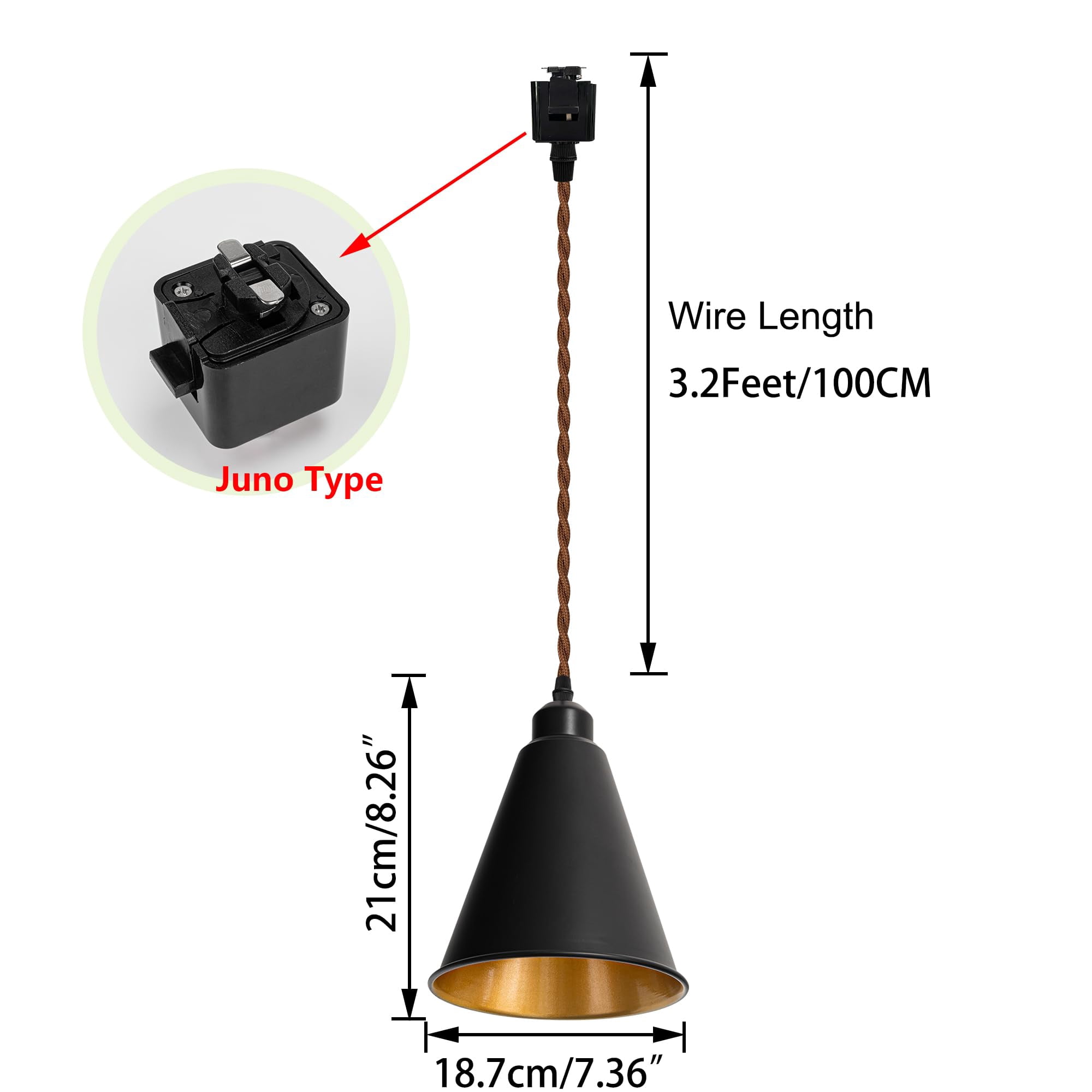 KAYYELAMP Black Metal Cone Shade Inner Gold Track Lighting J-Type 39.3 Inches Brown Twisted Cord Remote RGB Warm Light Vintage Track Lamp for Kitchen Dining Table Loft