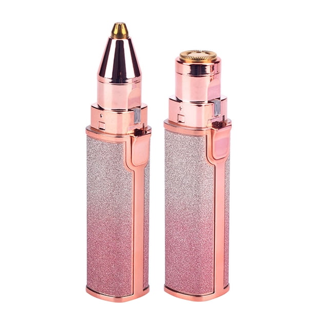 Novedoso depilador facial portátil con diseño de lápiz labial, recargable USB, ideal para cejas y vello facial, herramienta 2 en 1 con cabezal redondo seguro y extraíble. Color rosa degradado,