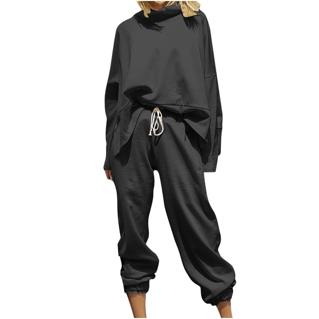 Posijego Ensemble Décontracté 2 Pcs pour Femme, Hauts à Col Montant à Manches Longues et Pantalons de Jogging Assortis, Tenue de Détente
