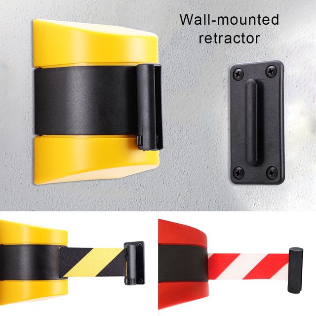 Stainless Steel Wall Mounted Warning Tape Indoor Outdoor Crowd Control Retractable Band Ribbon Line Divider Belt Barrier 10m Red Black