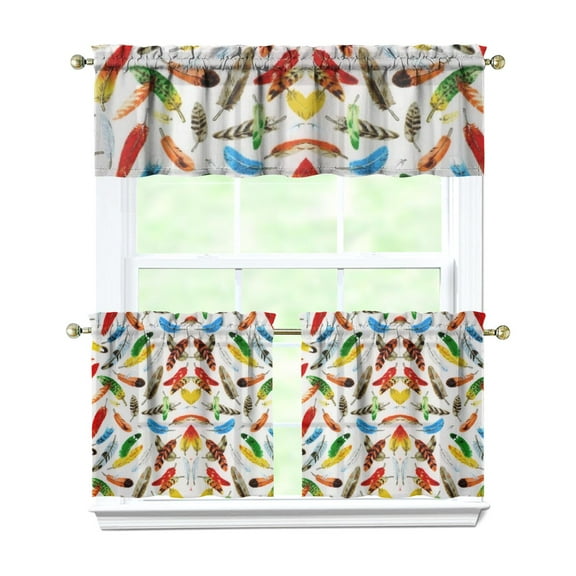 Artistic Ethnic Kitchen Curtains Boho Style Tier and Valance Set Rustic Rod Pocket Light Filtering Curtains for Living or Office Windows