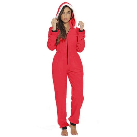 

Huakaishijie Christmas Pajamas for Women Hooded Xmas Fleece Sleepwear One Piece Jumpsuit S-2XL