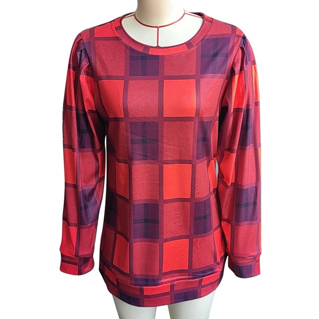 Camiseta con cuello redondo para mujer, blusas informales holgadas con hombros plisados y mangas largas, cuadros rojos S