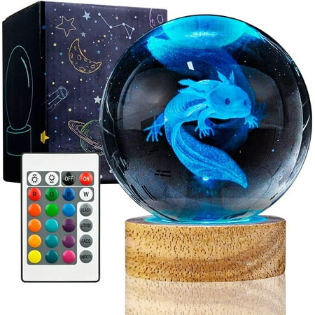 

3D Axolotl Crystal Ball Night Light With 16 Color Led Wooden Base Upgraded 3.15 Inch Axolotl Glass Ball Lamp With Remote Control Cool Desk Decor Gifts For Kids Girls Boys Friends Fans