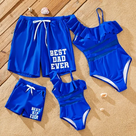 PatPat Family Matching Swimwear Ruffle One-Shoulder Detachable Strap Asymmetrical Swimsuit  Cobalt Blue  Mom: XL