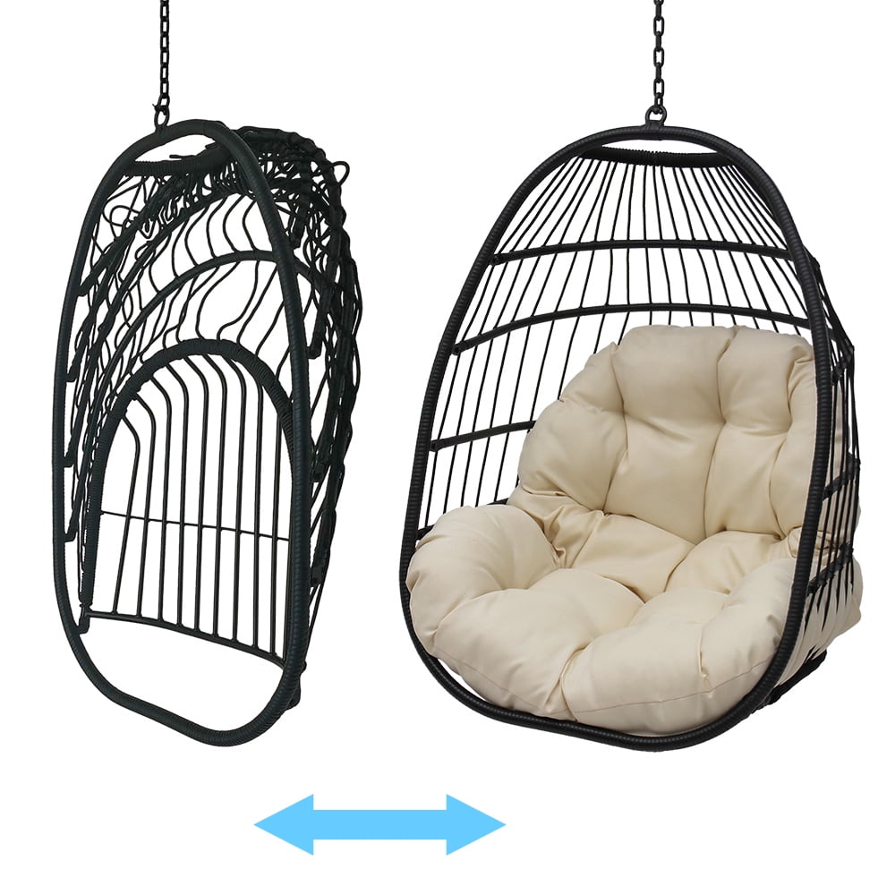 Abble Indoor Outdoor Wicker Hanging Egg Chair with Stand, Foldable Swing Chair with Cushion, Beige