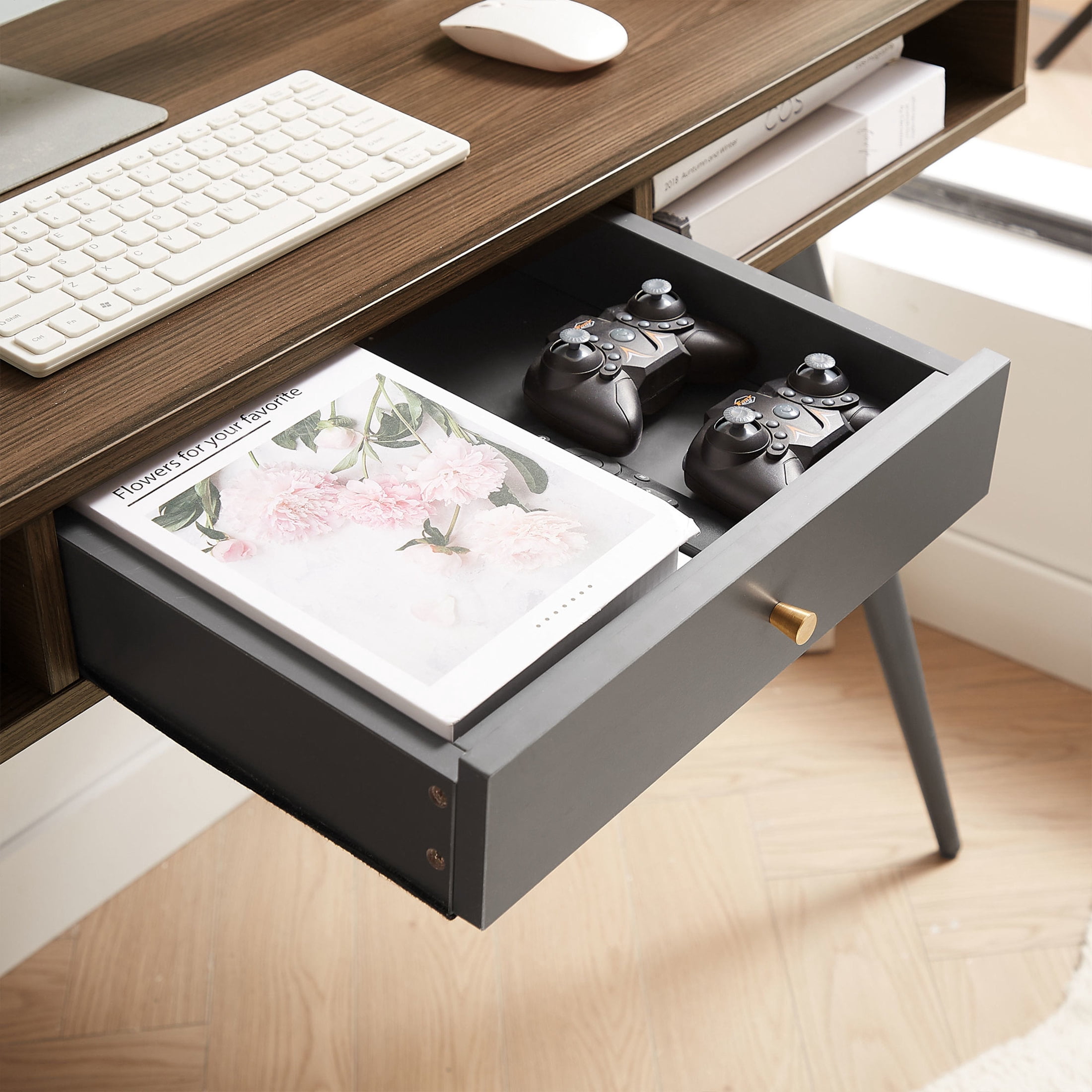 Noble House 47.24" Mid-Century Writing Desk, 3-Drawer Multifunctional Home Office Computer Table, Walnut
