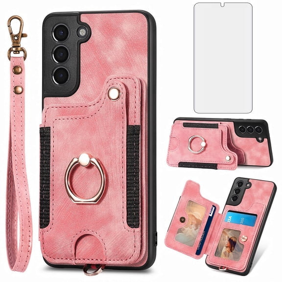 Phone Case for Samsung Galaxy S21 FE 5G Wallet Cell Cover with Tempered Glass Screen Protector Slim Lanyard Wrist Strap RFID Ring Stand Credit Card Holder Slot S 21 EF S21FE5G UW S21FE 21S G5 Pink