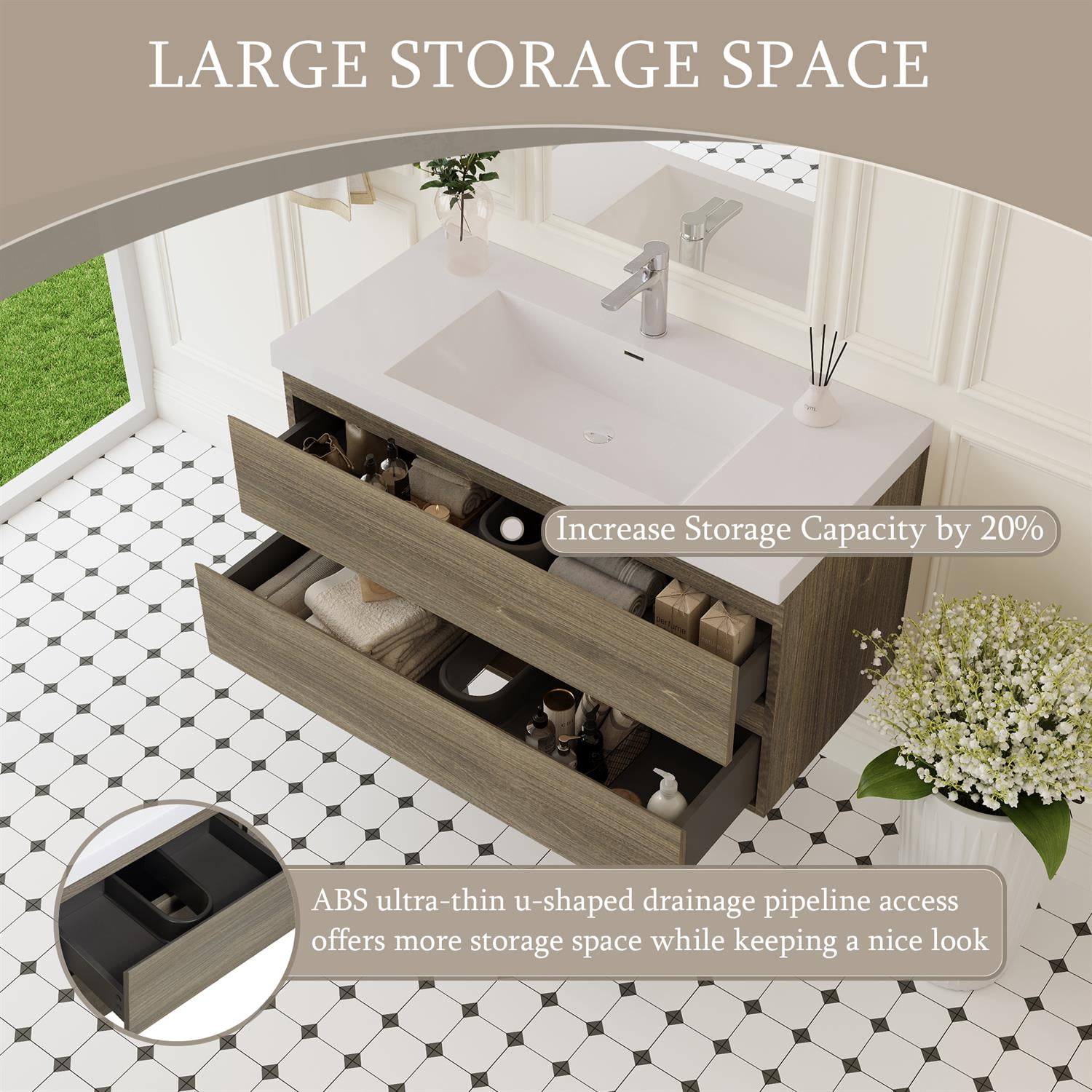 Demi Bonn 42" Floating Bathroom Vanity with Sink, Resin Top Basin and 2 Soft Close Drawers, Faucets and Drains Not Included, Gray