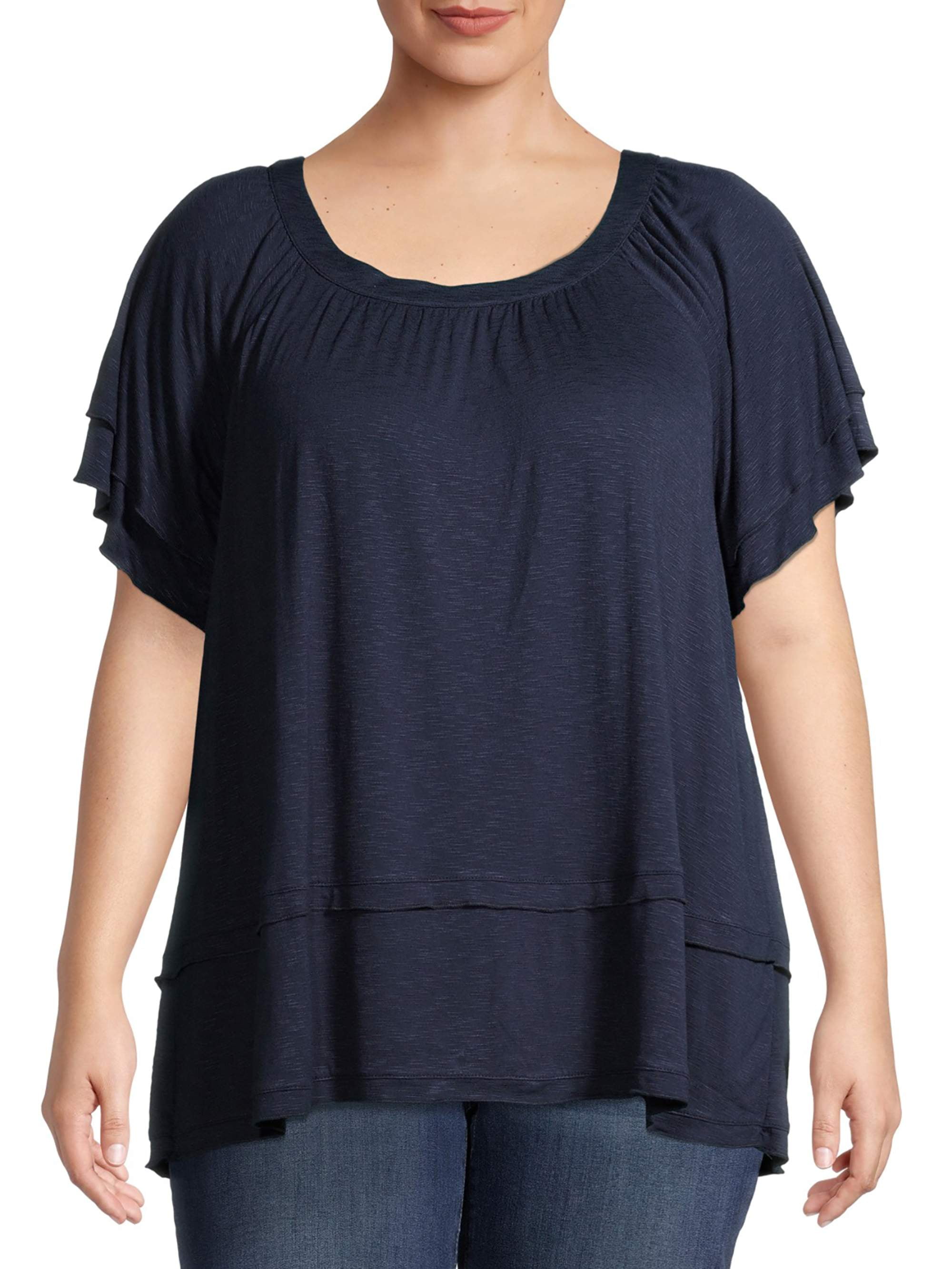 LA Threads Women's Plus Size Knit Gauze Short Sleeve Peasant Top