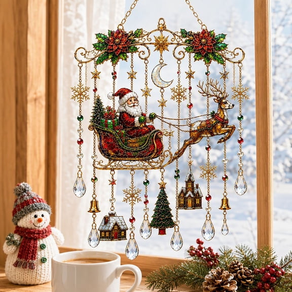 Vintage Christmas Santa Sleigh Reindeer Suncatcher Wind Chime, Stained Glass Style Crystal Teardrop Hanging Ornament, Poinsettia Snowflake Window Wall Hanging Decor for Xmas Holiday Home Front Door