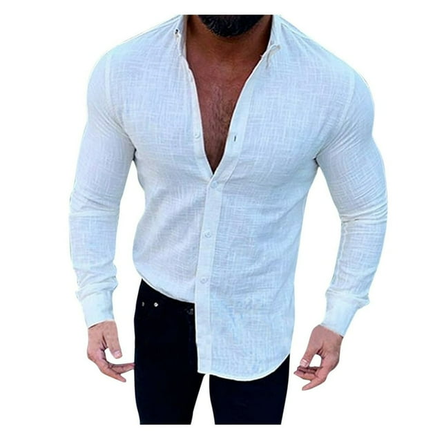 Mens Linen Button Down Shirts Long Sleeves Summer Beach Casual Regular Fit Shirt Tops