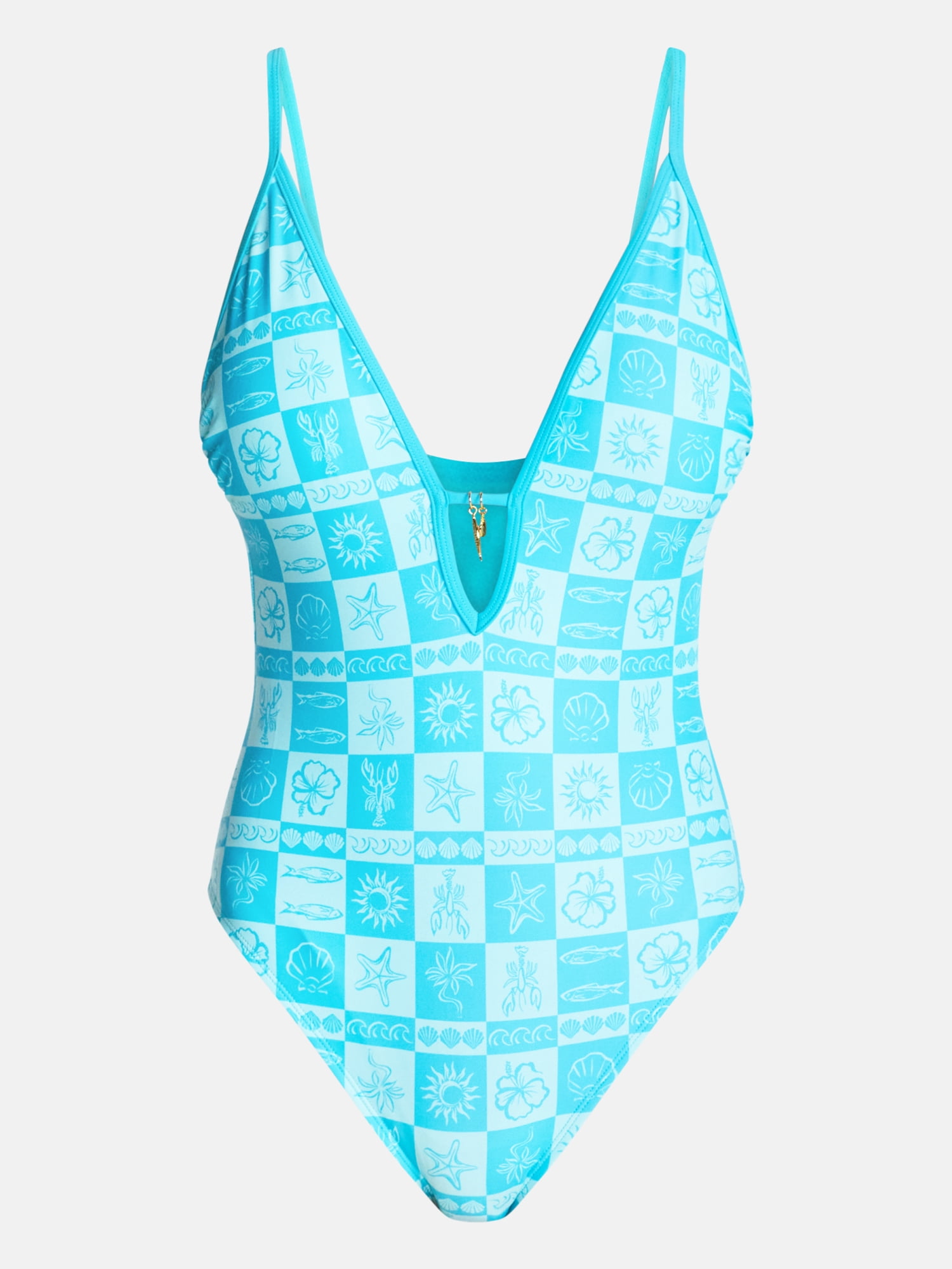 No Boundaries Groovy Getaway Checkered Plunge One Piece Swimsuit, Women's XXS-XXL