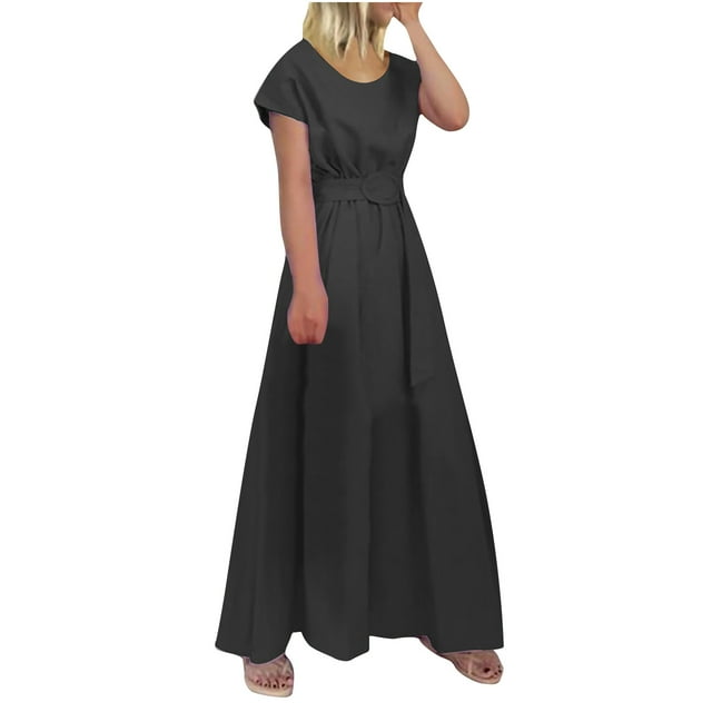 EQWLJWE Robes d'Été pour Femmes 2023 Mode d'Été pour Femmes Col Rond Manches Courtes Couleur Unie Robe Grande Taille avec Ceinture
